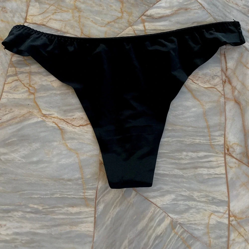 Black Satin Ruffle Trim Bikini Panty Low Rise Intimate Lingerie Sleek Stretch